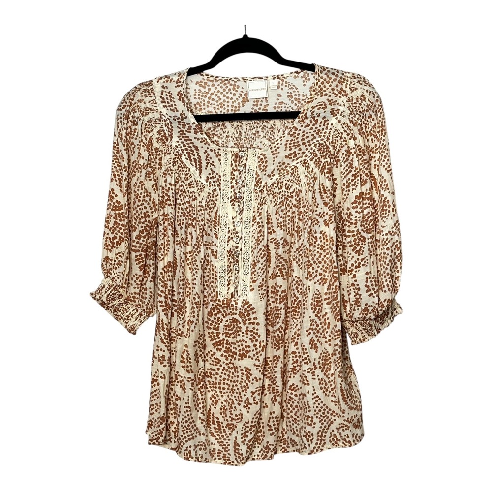 Zac & Rachel Womens Large Rust Cream‎ Dot Print Lace Trim Peasant Blouse Top L